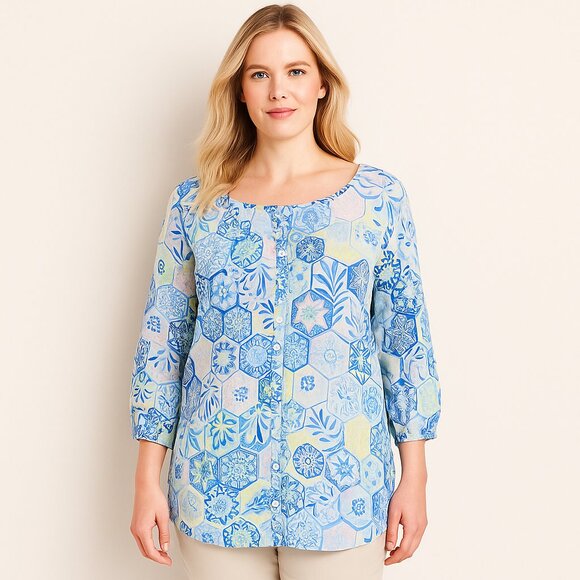 Talbots Blue Print Cotton Peasant Boho Blouse Top Floral Top Plus Size 2X Summer - Picture 9 of 9